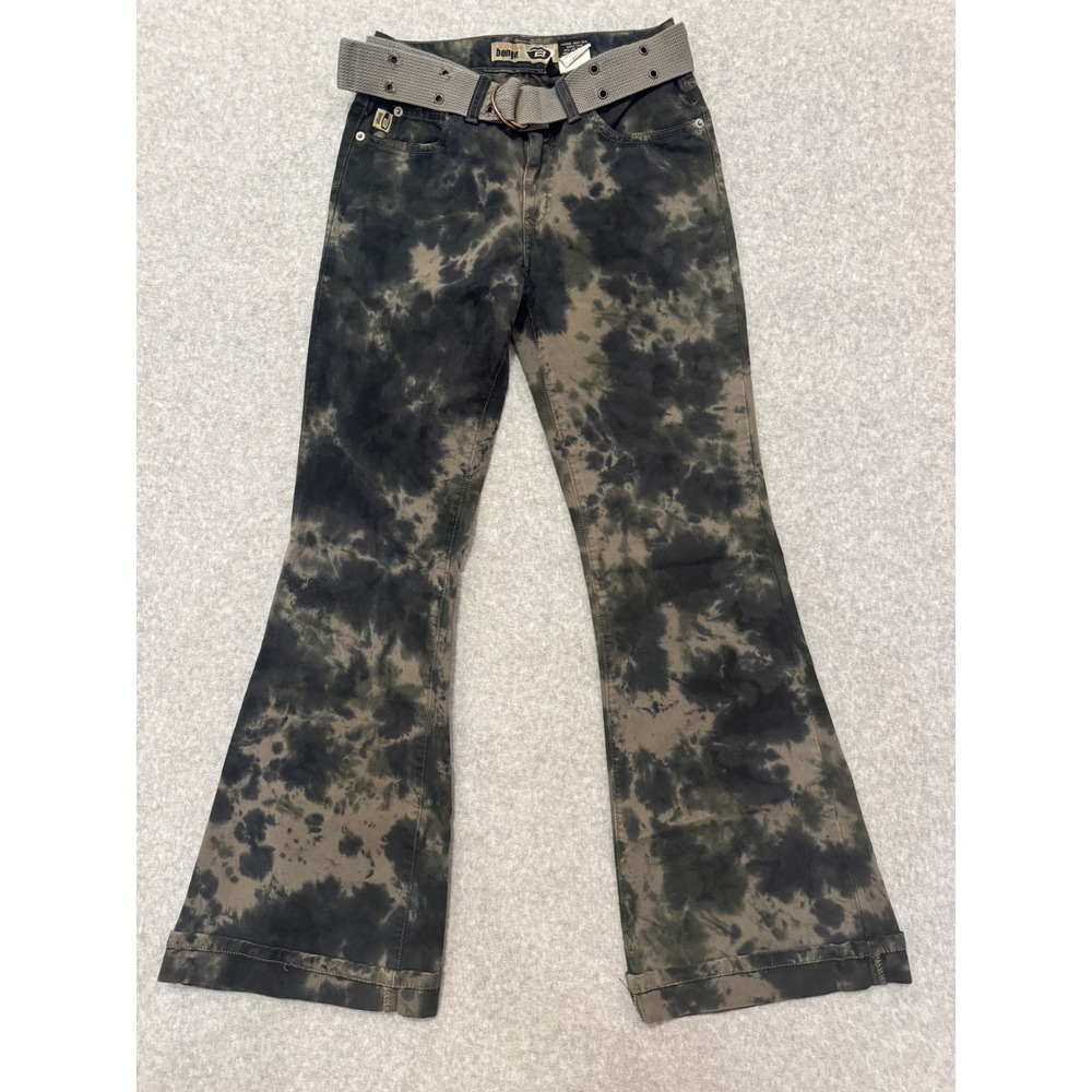 Bongo Vintage Low Rider Flare Jeans Fatigue Tie Dye Size 1 Grey Belt Y2K